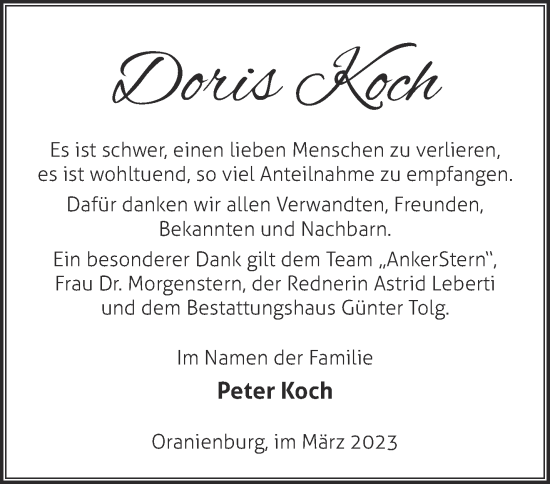 Traueranzeige von Doris Koch von Märkische Oderzeitung