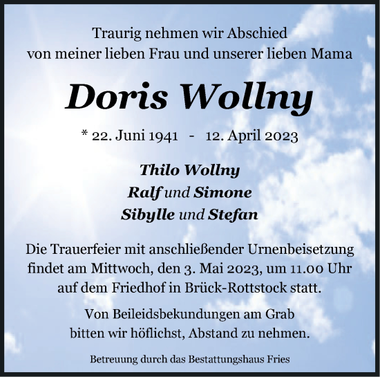 Traueranzeige von Doris Wollny von Märkische Oderzeitung