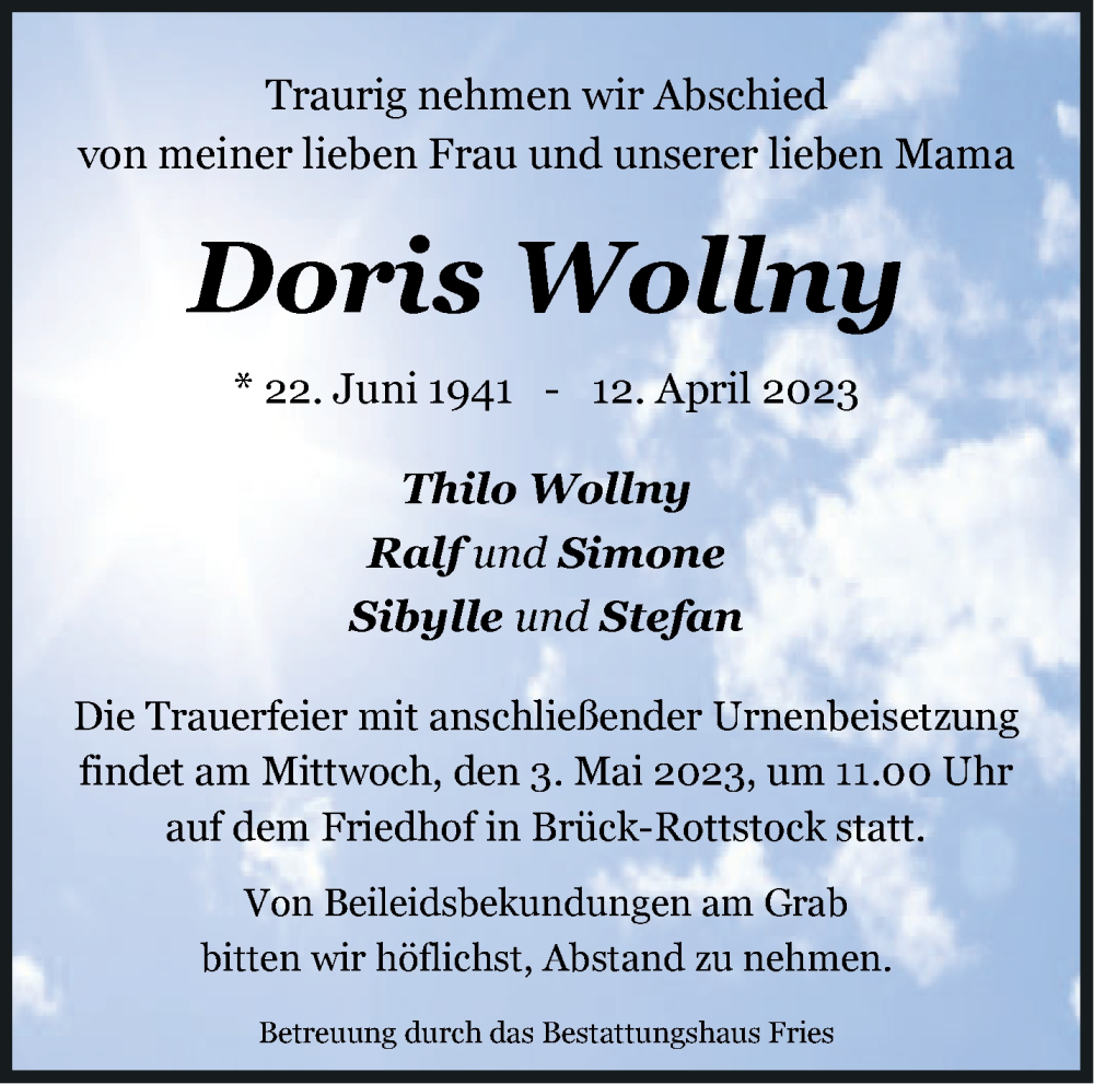  Traueranzeige für Doris Wollny vom 23.04.2023 aus Märkische Oderzeitung