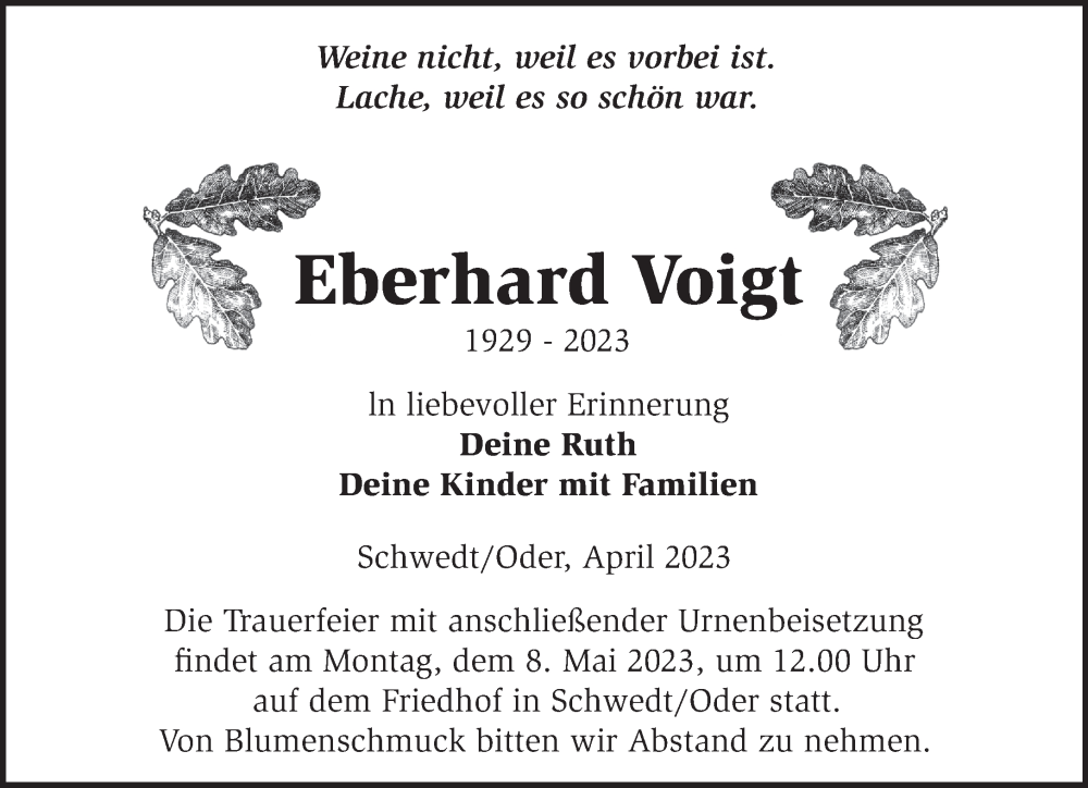  Traueranzeige für Eberhard Voigt vom 25.04.2023 aus Märkische Oderzeitung