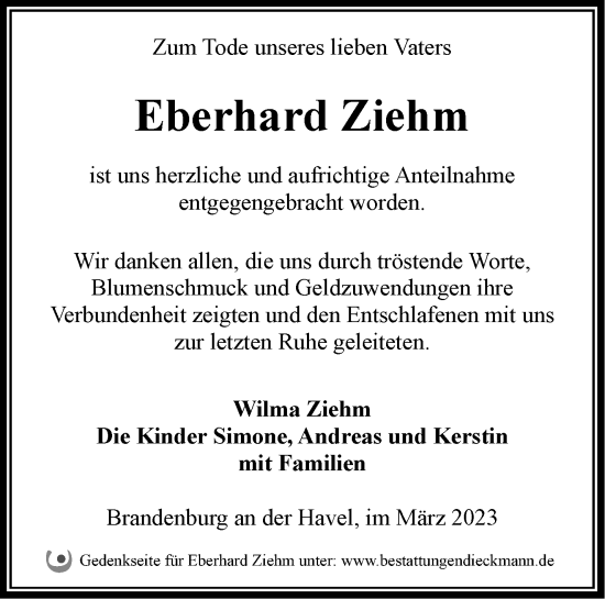 Traueranzeige von Eberhard Ziehm von Märkische Oderzeitung