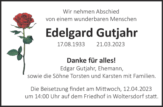 Traueranzeige von Edelgard Gutjahr von Märkische Oderzeitung