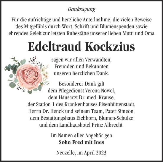 Traueranzeige von Edeltraud Kockzius von Märkische Oderzeitung