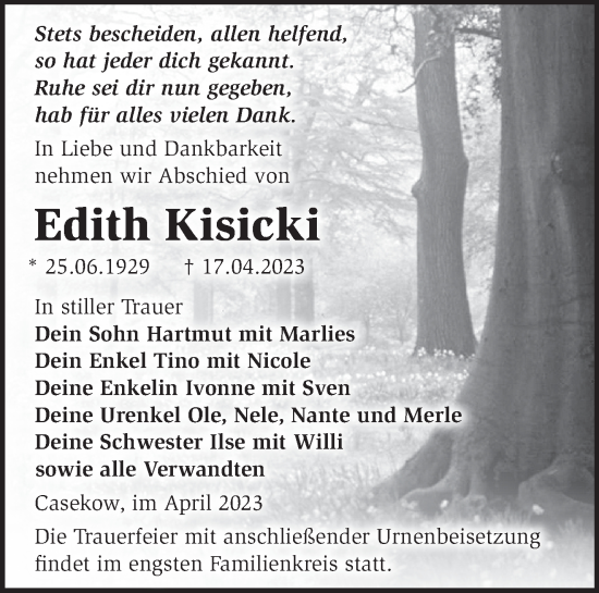 Traueranzeige von Edith Kisicki von Märkische Oderzeitung