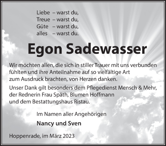 Traueranzeige von Egon Sadewasser von Märkische Oderzeitung