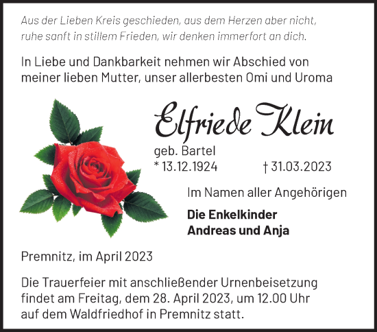 Traueranzeige von Elfriede Klein von Märkische Oderzeitung