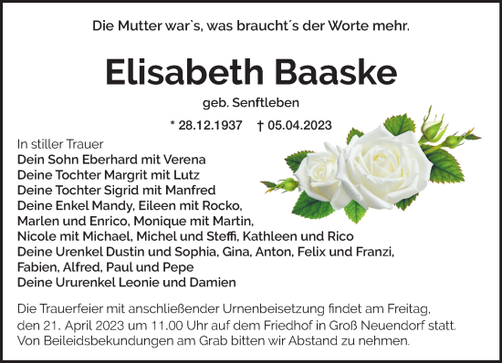 Traueranzeige von Elisabeth Baaske von Märkische Oderzeitung