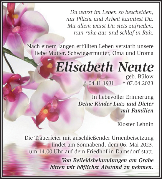 Traueranzeige von Elisabeth Neute von Märkische Oderzeitung