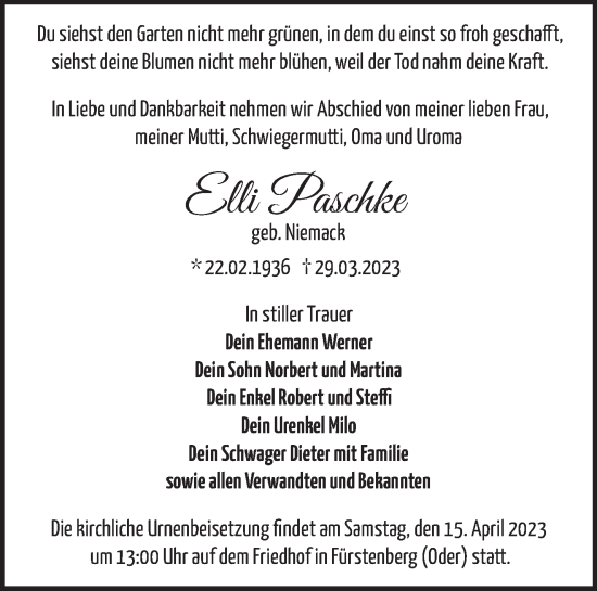 Traueranzeige von Elli Paschke von Märkische Oderzeitung