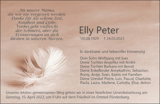 Traueranzeige von Elly Peter von Märkische Oderzeitung