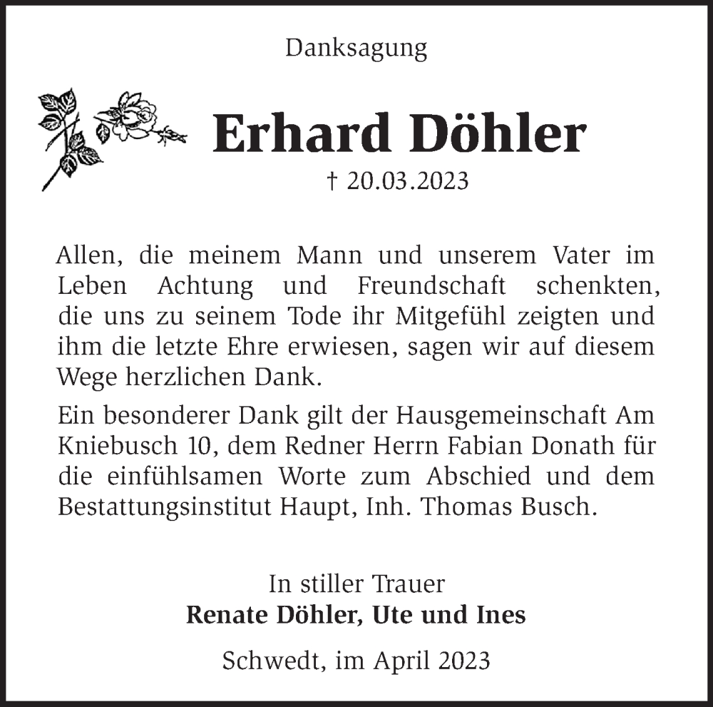  Traueranzeige für Erhard Döhler vom 15.04.2023 aus Märkische Oderzeitung