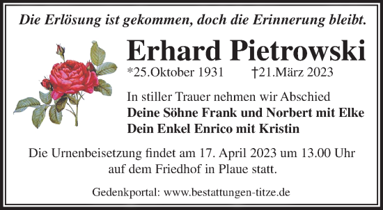 Traueranzeige von Erhard Pietrowski von Märkische Oderzeitung