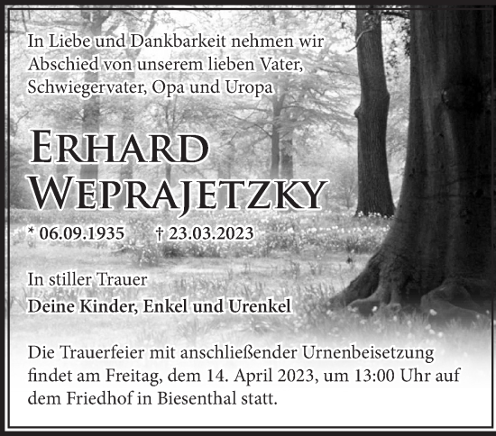 Traueranzeige von Erhard Weprajetzky von Märkische Oderzeitung