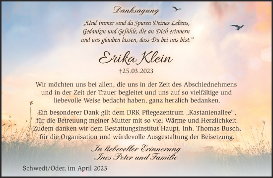 Traueranzeige von Erika Klein von Märkische Oderzeitung