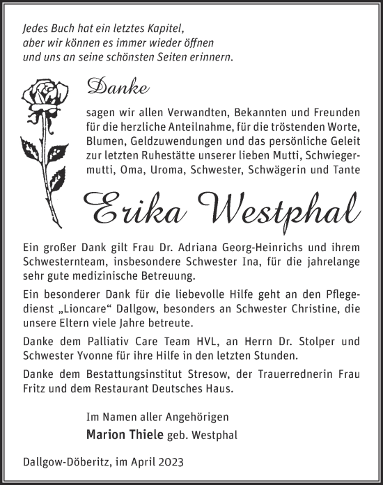 Traueranzeige von Erika Westphal von Märkische Oderzeitung