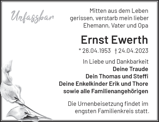 Traueranzeige von Ernst Ewerth von Märkische Oderzeitung