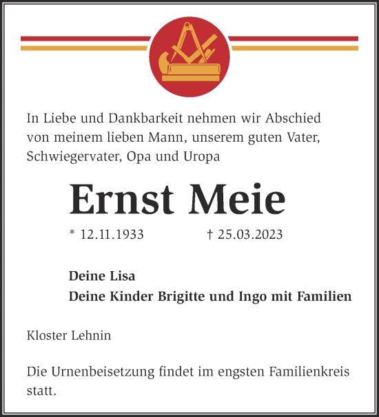 Traueranzeige von Ernst Meie von Märkische Oderzeitung