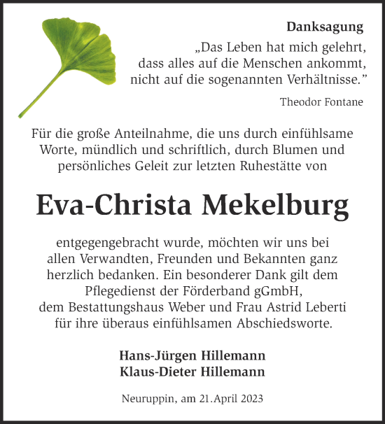 Traueranzeige von Eva-Christa Mekelburg von Märkische Oderzeitung