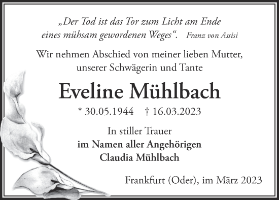 Traueranzeige von Eveline Mühlbach von Märkische Oderzeitung