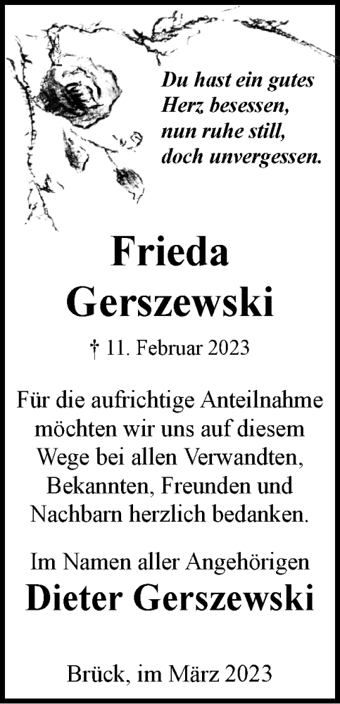 Traueranzeige von Frieda Gerszewski von Märkische Oderzeitung