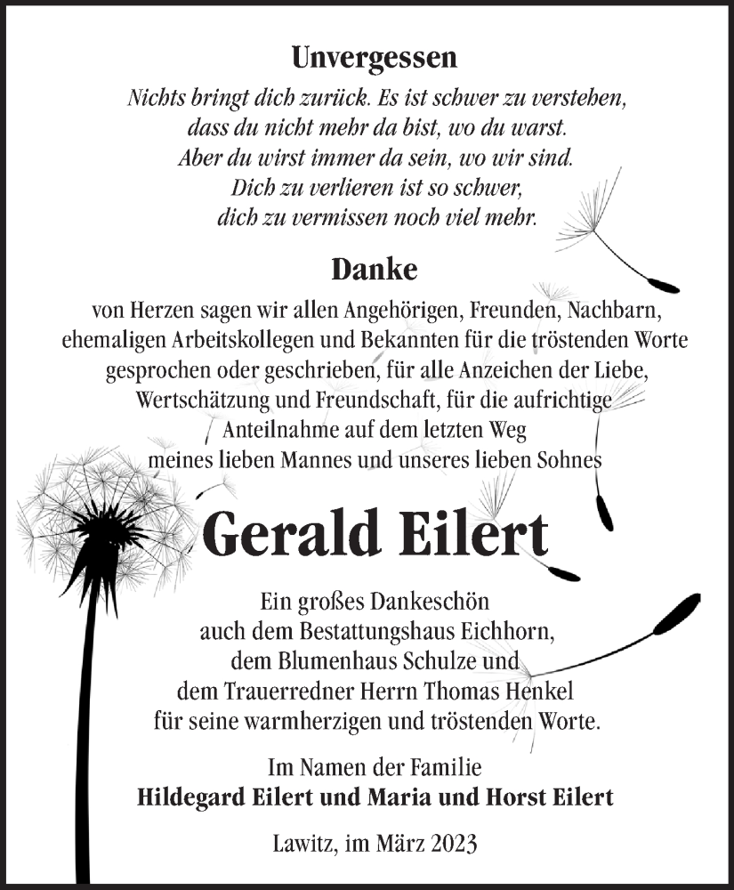  Traueranzeige für Gerald Eilert vom 08.04.2023 aus Märkische Oderzeitung
