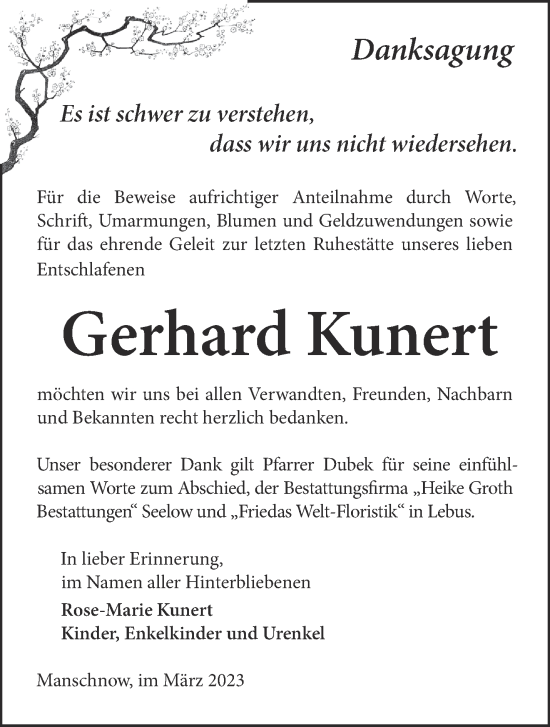 Traueranzeige von Gerhard Kunert von Märkische Oderzeitung