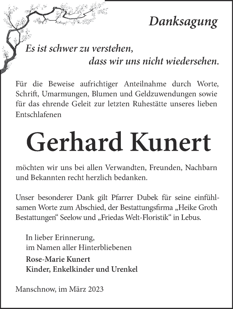  Traueranzeige für Gerhard Kunert vom 16.04.2023 aus Märkische Oderzeitung