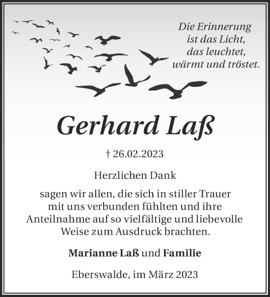 Traueranzeige von Gerhard Laß von Märkische Oderzeitung