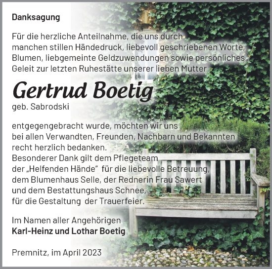 Traueranzeige von Gertrud Boetig von Märkische Oderzeitung