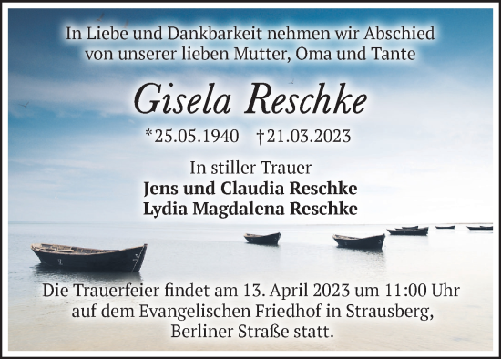 Traueranzeige von Gisela Reschke von Märkische Oderzeitung