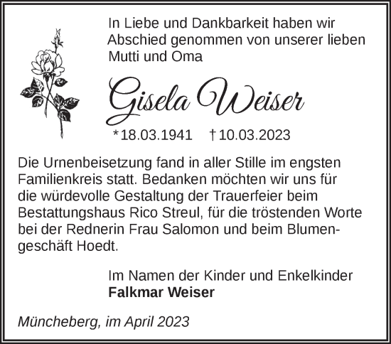 Traueranzeige von Gisela Weiser von Märkische Oderzeitung