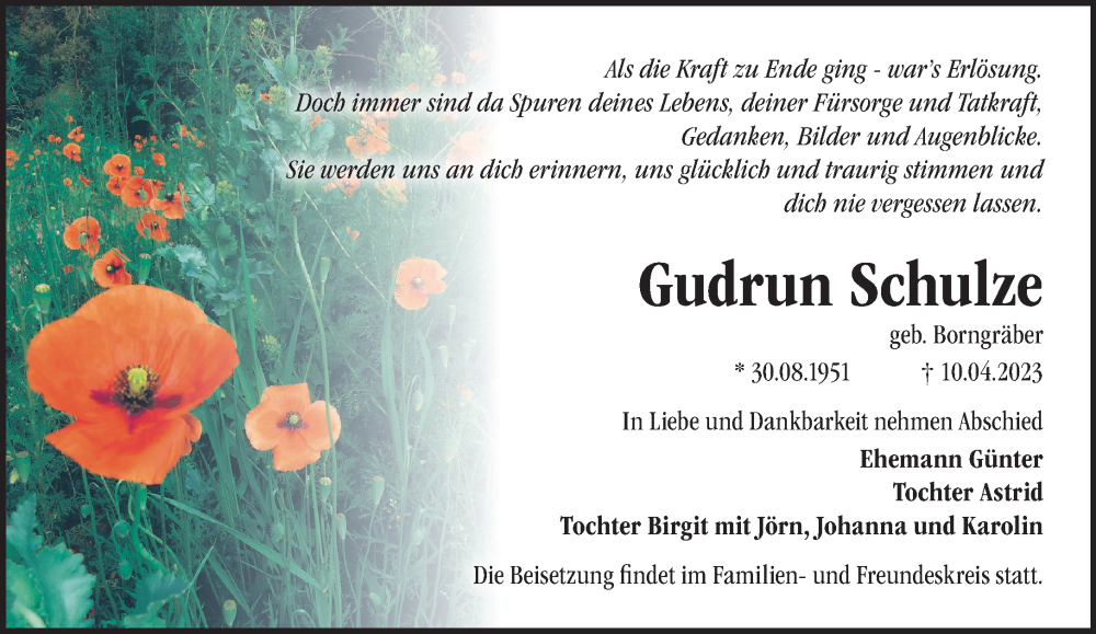  Traueranzeige für Gudrun Schulze vom 15.04.2023 aus Märkische Oderzeitung