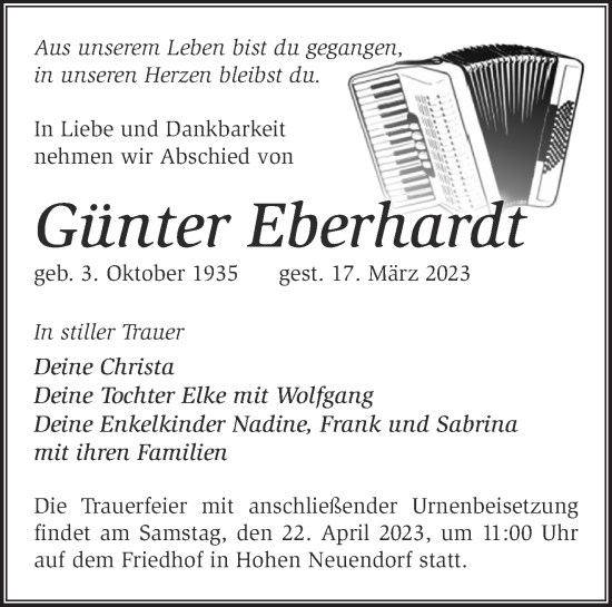 Traueranzeige von Günter Eberhardt von Märkische Oderzeitung