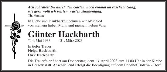 Traueranzeige von Günter Hackbarth von Märkische Oderzeitung