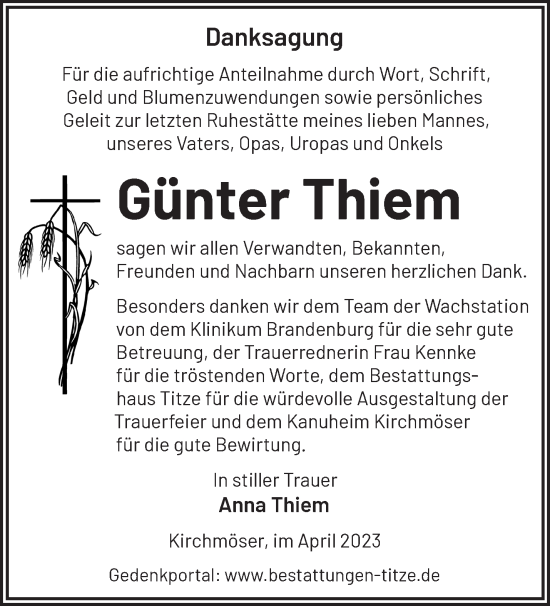 Traueranzeige von Günter Thiem von Märkische Oderzeitung