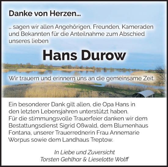 Traueranzeige von Hans Durow von Märkische Oderzeitung