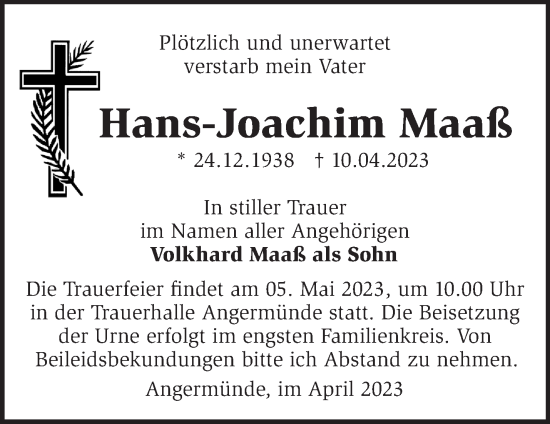 Traueranzeige von Hans-Joachim Maaß von Märkische Oderzeitung