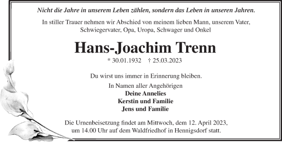 Traueranzeige von Hans-Joachim Trenn von Märkische Oderzeitung