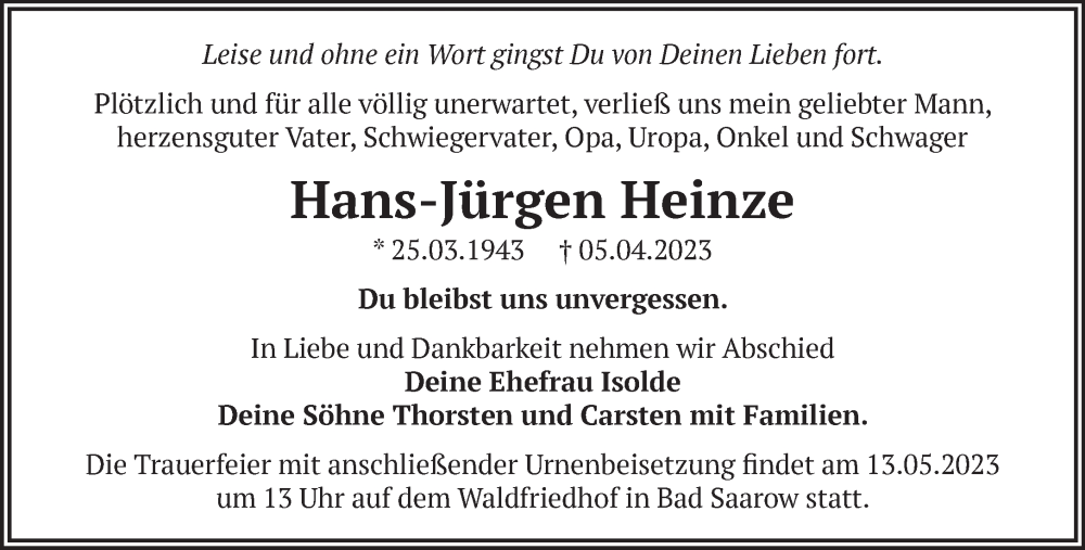  Traueranzeige für Hans-Jürgen Heinze vom 22.04.2023 aus Märkische Oderzeitung