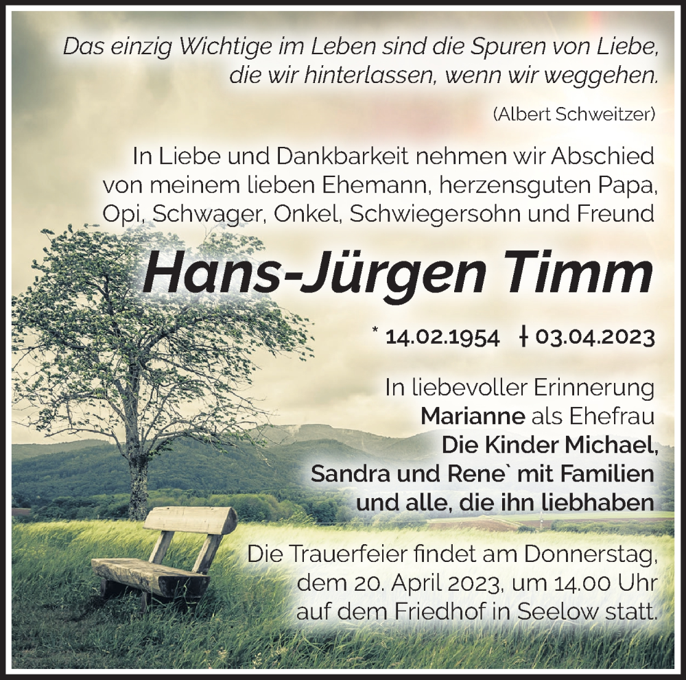  Traueranzeige für Hans-Jürgen Timm vom 08.04.2023 aus Märkische Oderzeitung