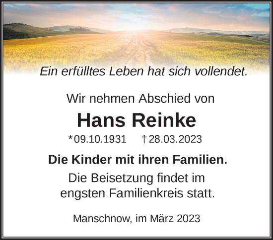 Traueranzeige von Hans Reinke von Märkische Oderzeitung