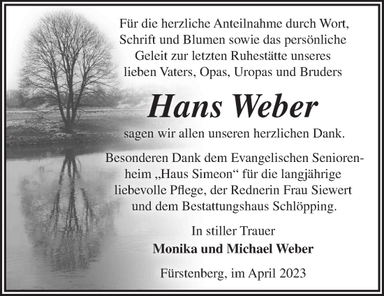 Traueranzeige von Hans Weber von Märkische Oderzeitung