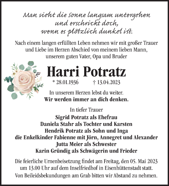 Traueranzeige von Harri Potratz von Märkische Oderzeitung