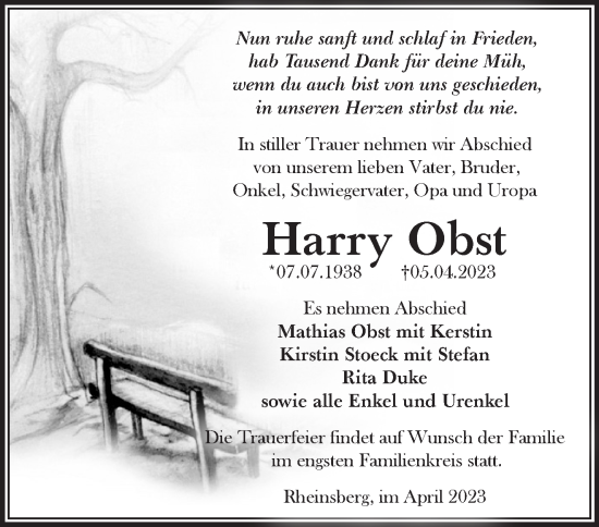 Traueranzeige von Harry Obst von Märkische Oderzeitung