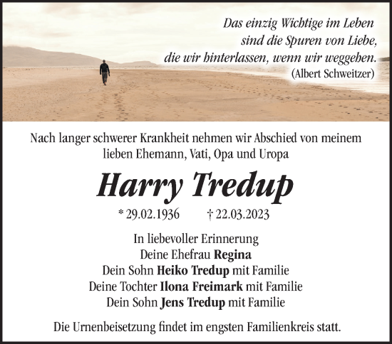 Traueranzeige von Harry Tredup von Märkische Oderzeitung