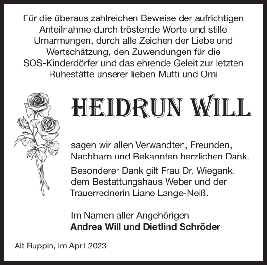 Traueranzeige von Heidrun Will von Märkische Oderzeitung