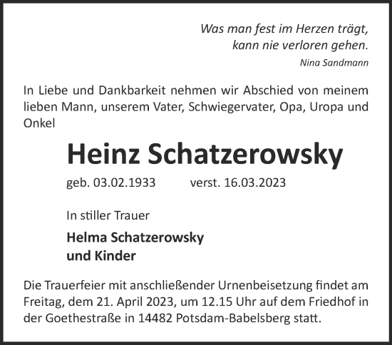 Traueranzeige von Heinz Schatzerowsky von Märkische Oderzeitung