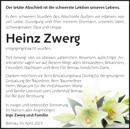 Traueranzeige von Heinz Zwerg von Märkische Oderzeitung