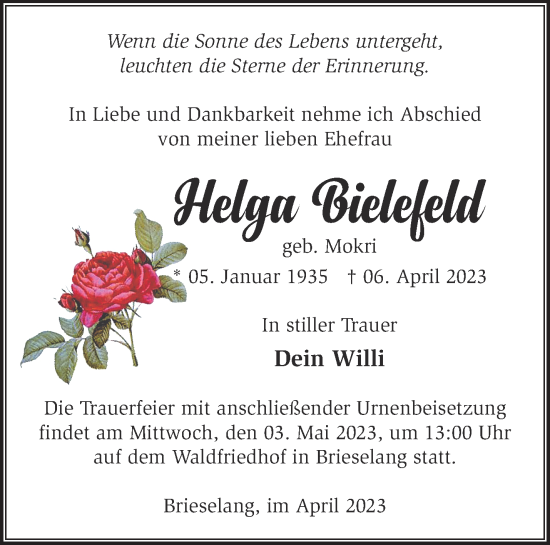 Traueranzeige von Helga Bielefeld von Märkische Oderzeitung