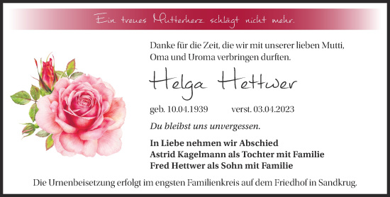 Traueranzeige von Helga Hettwer von Märkische Oderzeitung